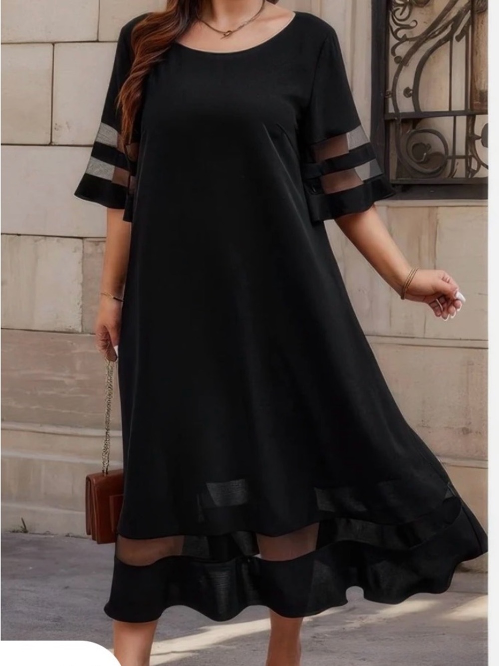 Black Midi A-Line Dress with Sheer Sleeve and Hem Panels